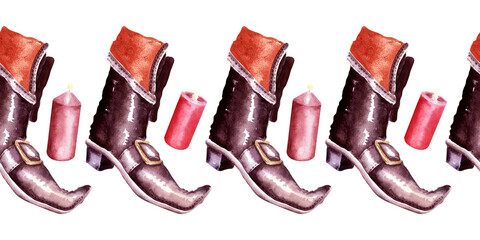 Watercolor seamless border on the theme of the holiday Halloween. Characteristic characters and attributes
