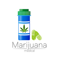 Cannabis vector logotype for medicine and doctor. Medical marijuana symbol with pill bottle and capsule. Pharmaceuticals with plant and leaf for health. Concept sign of green herb.