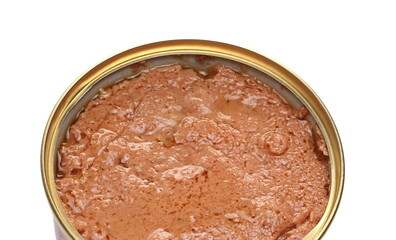 Cat food with tuna chunks in tin can isolated on white background