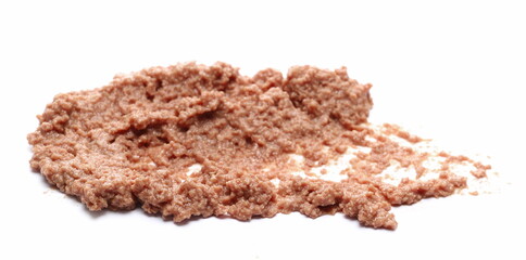 Cat food with tuna chunks isolated on white background