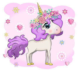 Magic cute unicorn, stars, clouds and moon poster, greeting card