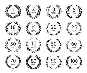 Set of anniversary laurel wreaths. Black and white anniversary symbols. 1, 2, 3, 5, 10, 15, 20, 25, 30, 40, 50,60,70,80,90,100 years. Template for award and congratulation design. Vector illustration.