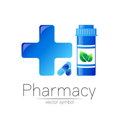 Pharmacy vector symbol with blue pill bottle and big cross for pharmacist, pharma store, doctor and medicine. Modern design vector logo on white background. Pharmaceutical icon logotype . Human Health