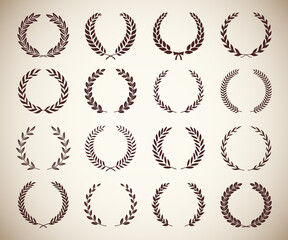 Collection of different vintage silhouette circular laurel foliate, wheat and oak wreaths depicting an award, achievement, heraldry, nobility. Vector illustration.