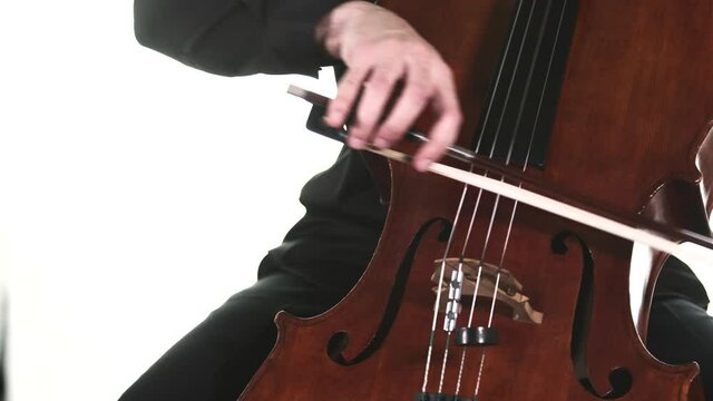 masterly musician in a black shirt performs a beautiful slow melody on a classical cello. Isolated. Medium long shot