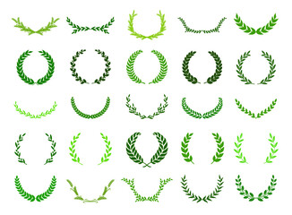 Set of green silhouette laurel foliate, wheat, oak and olive wreaths depicting an award, achievement, heraldry, nobility. Vector illustration.