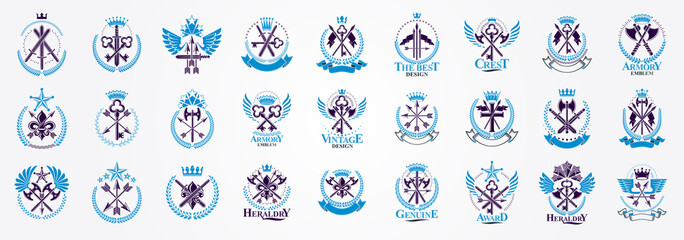 Obraz premium Vintage weapon vector logos or emblems, heraldic design elements big set, classic style heraldry military war armory symbols, antique knives compositions.