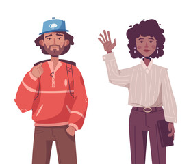 Young hipster man and woman wearing trendy outfits standing together