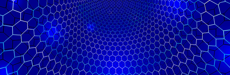 Technology vector abstract background with hexagons mesh, 3D abstraction of nanotechnology and science, electronics and digital style, wire net dimensional perspective.