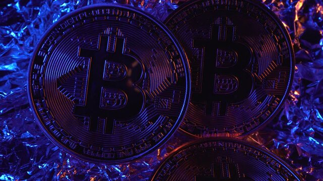 Gold cryptocoins Bitcoin. Crypto currency, bitcoin. BTC, Bit Coin. Blockchain technology, bitcoin mining. Macro shot. Mining. Halving. Money. New money.