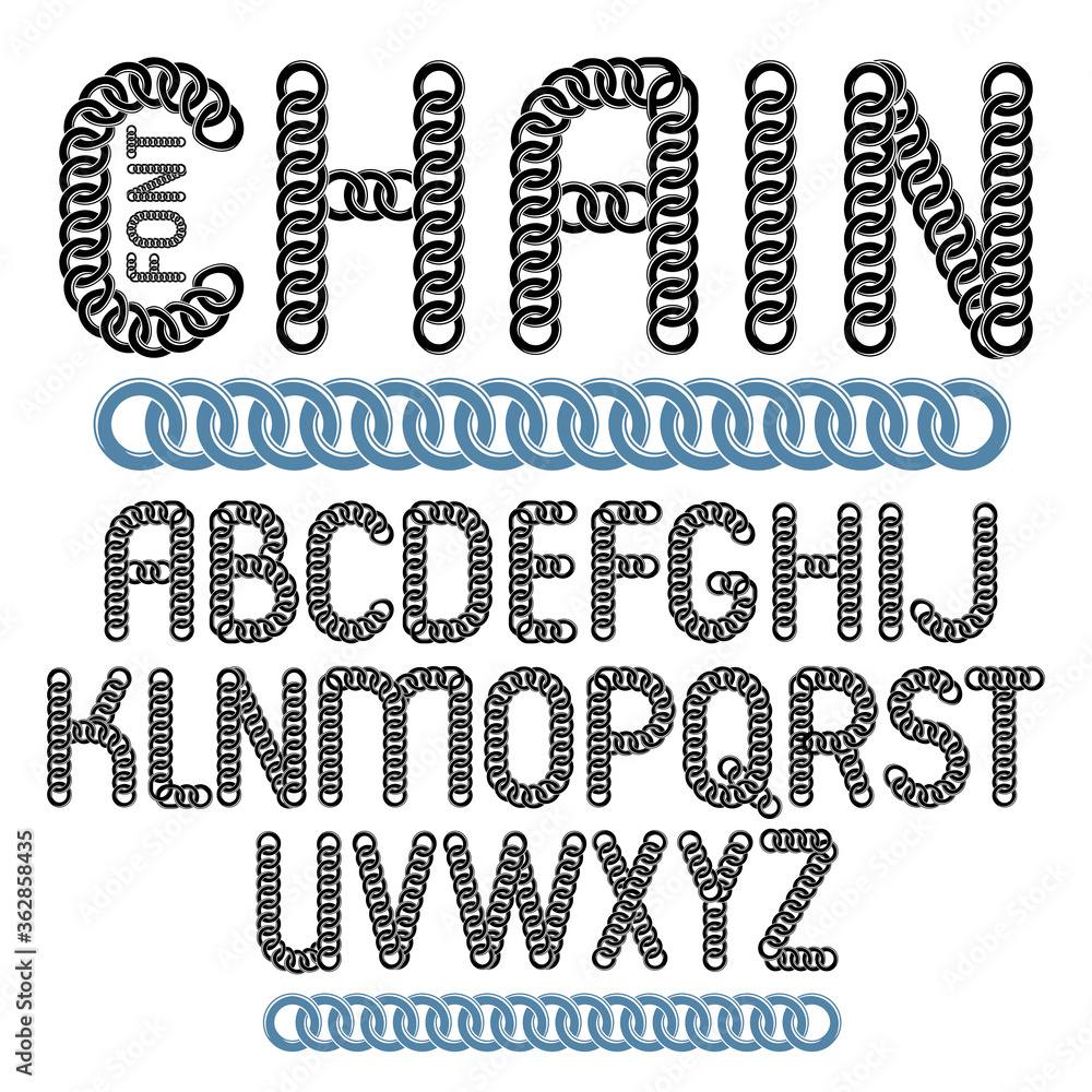 Poster vector script, modern alphabet letters set. capital creative font made with iron chain, linked conne