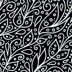 Hand-drawn black and white abstract floral seamless pattern. One color outline texture on dark background consists of leaves, circles, dots, swirls and drops. Wrapping paper, scrapbooking, textile.