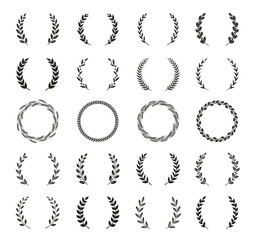 Collection of different black and white silhouette circular laurel foliate, wheat and oak wreaths depicting an award, achievement, heraldry, nobility. Vector illustration.