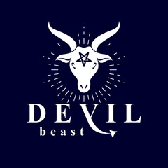 Vector graphic emblem of horned goat head made with a pentacle symbol as the illustration of Satan.