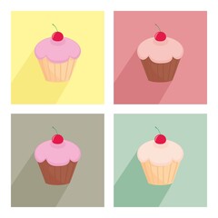 Sweet cherry cupcake vector flat icon set isolated on white background