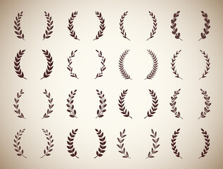Obraz premium Collection of sixteen circular vintage laurel wreaths. Can be used as design elements in heraldry on an award certificate manuscript and to symbolise victory illustration in silhouette