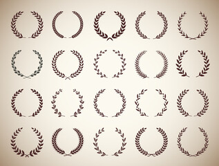 Collection of twenty circular vintage laurel wreaths. Can be used as design elements in heraldry on an award certificate manuscript and to symbolise victory illustration in silhouette