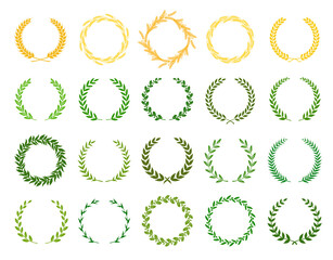 Collection of different  silhouette circular laurel foliate, wheat and oak wreaths depicting an award, achievement, heraldry, nobility. Vector illustration.