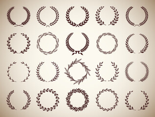 Set of twenty circular vintage laurel foliate, wheat and oak wreaths. Can be used as design elements in heraldry on an award certificate manuscript and to symbolise victory illustration in silhouette