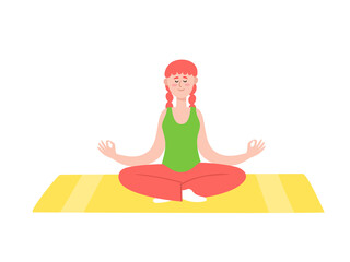 Vector illustration of athletic woman character exercising yoga at home