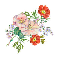 Watercolor bouquet flowers on white background. Floral illustration for fabric.