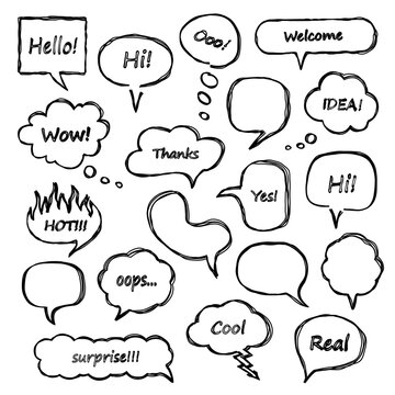  Set of scribbled comic speech bubbles with hand drawn doodle style. Vector talk and thought sketch bubbles.