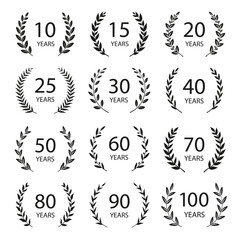 Set of anniversary laurel wreaths. Black and white anniversary symbols. 10, 15, 20, 25, 30, 40, 50, 60, 70, 80, 90, 100 years. Template for award and congratulation design. Vector illustration.