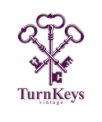 Crossed keys, vintage antique turnkeys vector logo or emblem, protected secret, electronic data protection, keys to heaven, hotel label, keep secret.