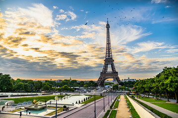 The famous Eiffel tower during sunrise.