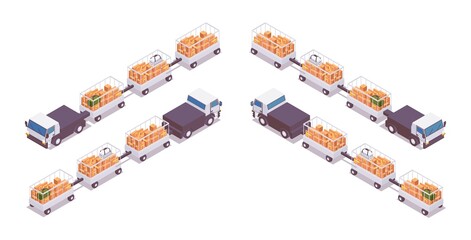 Isometric set of electric baggage tractors with open trailers for transporting luggage to the plane with cargo and baggage