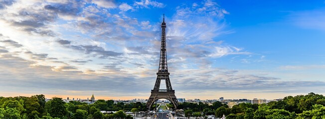 The famous Eiffel tower during sunrise.