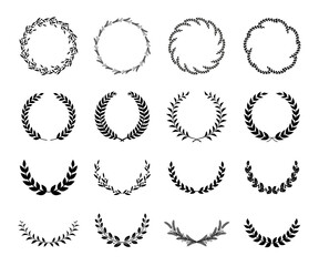 Collection of different black and white silhouette circular laurel foliate, wheat and oak wreaths depicting an award, achievement, heraldry, nobility. Vector illustration.