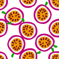 Fototapeta na wymiar Exotic fruit pattern. Vector seamless background made in funny doodle style. Clipart food elements. Hand painted elements.