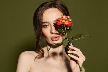 Beauty face of young woman with flower. Beauty treatment concept. Portrait of young woman with rose on green background.