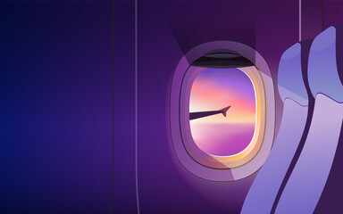 View from airplane window. Wing of an airplane flying above the clouds at sunset. Realistic vector illustration © Genestro