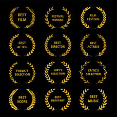 Film Awards. Gold award wreaths on black background. Vector illustration.
