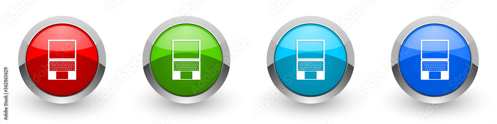 Leinwandbilder Open notebook silver metallic glossy icons, laptop, mobile computer concept set of modern design buttons for web, internet and mobile applications in four colors options isolated on white background