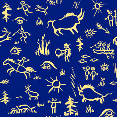 Obraz premium Vector seamless pattern with primitive pictures in paleolithic petroglyphe style. Stone age people and animals.