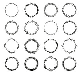 Collection of different black and white silhouette circular laurel foliate, wheat and oak wreaths depicting an award, achievement, heraldry, nobility. Vector illustration.