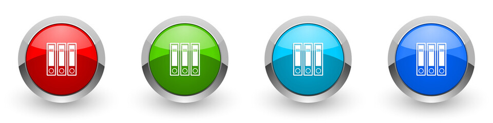 Binder silver metallic glossy icons, folder, document, file concept set of modern design buttons for web, internet and mobile applications in four colors options isolated on white background