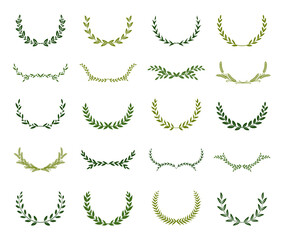 Set of green silhouette laurel foliate wreaths depicting an award, achievement, heraldry, nobility. Vector illustration.