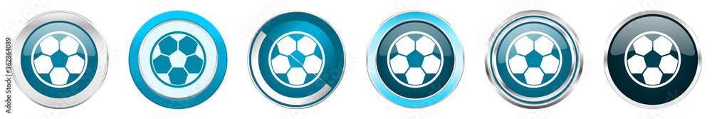Poster football silver metallic chrome border icons in 6 options, set of web blue round buttons isolated on