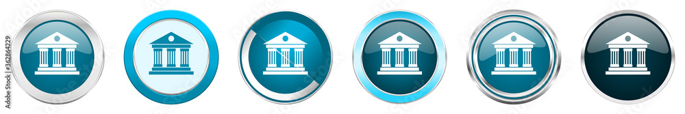 Poster museum silver metallic chrome border icons in 6 options, set of web blue round buttons isolated on w