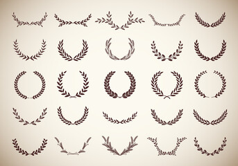 Collection of twenty five circular vintage laurel wreaths. Can be used as design elements in heraldry on an award certificate, manuscript and to symbolise victory illustration in silhouette