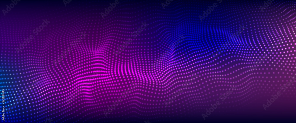 Poster color music sound wave. abstract futuristic background of glow particles. vector technology dynamic 