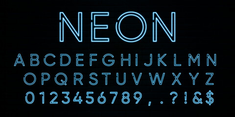 Neon light modern font. English alphabet and numbers sign.