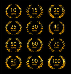 Set of anniversary laurel wreaths. Golden anniversary symbols. 10, 15, 20, 25, 30, 40, 50, 60, 70, 80, 90, 100 years. Template for award and congratulation design. Vector illustration.