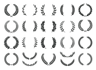 Collection of different black and white silhouette circular laurel foliate, wheat and olive wreaths depicting an award, achievement, heraldry, nobility. Vector illustration.