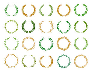 Collection of different silhouette circular laurel foliate, wheat, oak and olive wreaths depicting an award, achievement, heraldry, nobility. Vector illustration.