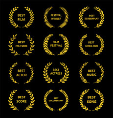Film Awards. Gold award wreaths on black background. Vector illustration.